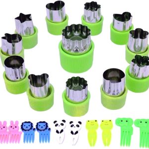 12 Pcs Stainless Steel Cookie & Vegetable & Fruit Cutters Shapes Sets, Mini Cookie Stamp Mold, Sandwich Cutters for Kids Baking+10 pcs Cute Cartoon Animals Food Picks and Forks Color Random