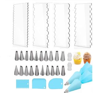 4 Pieces Clear Acrylic Frosting Contour Smoothing Scraper Comb Cake Edge Smoothing Tool Pastry Cutter Kitchen Baking Tool (14 Nozzles, 2 Ice Cream Pastry Bags and 2 converters and 3× scrapers)